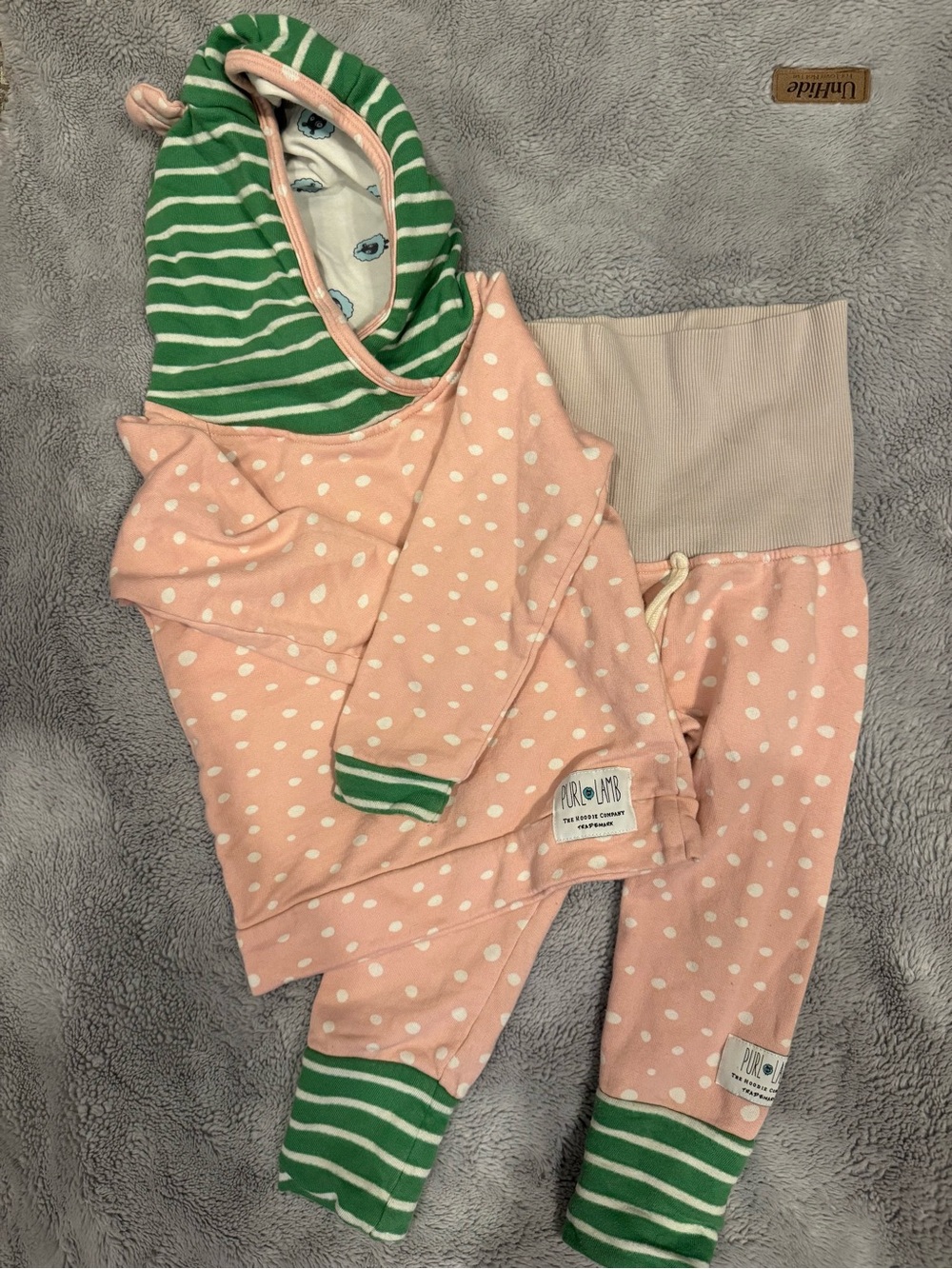 Purl Lamb 2T 3T Pink Polka Dot Unisex Hoodie & Pant Set with Green Stripe Trim